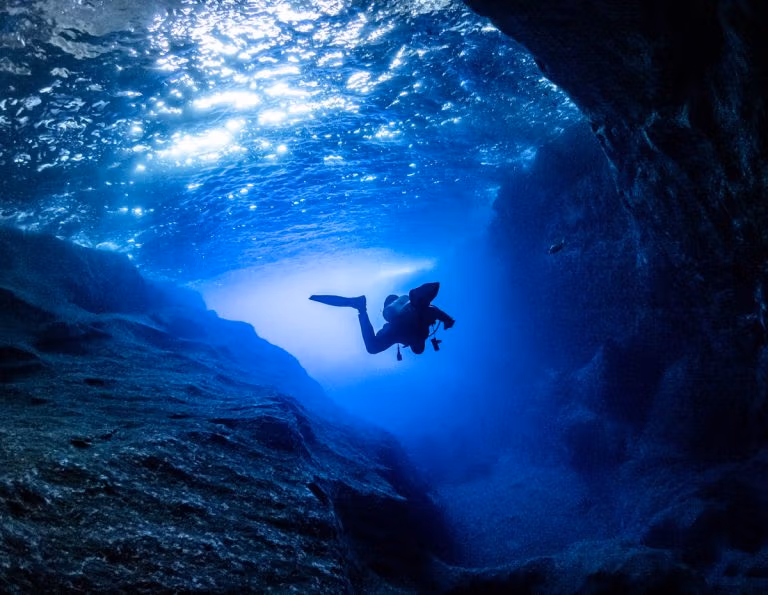 Diving inside the Cathedral Cave (Blue Dome) in Gozo. Blue Hole Diving Gozo  