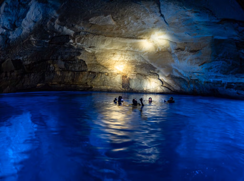 The interior of the Cathedral Cave (Blue Dome) in Gozo. Blue Hole Diving Gozo.